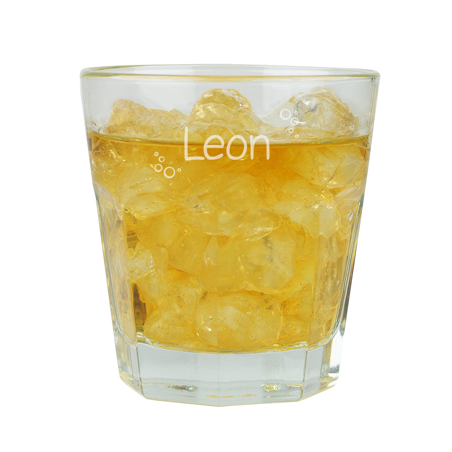 Freigestelltes Leonardo-Trinkglas mit Gravur von Name und Blubberblasen-Motiv, gefüllt mit Saft – hochwertiges Glas für Kinder und Familie.