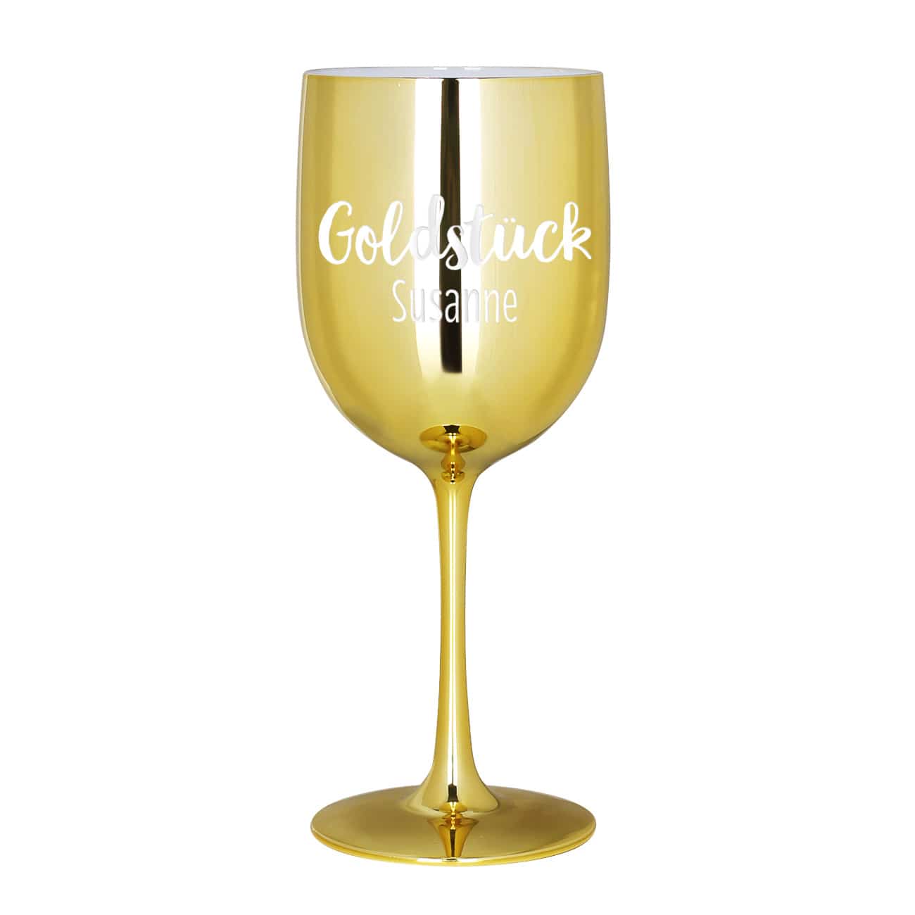 Weiße Gravur mit Name auf goldenem Trinkkelch