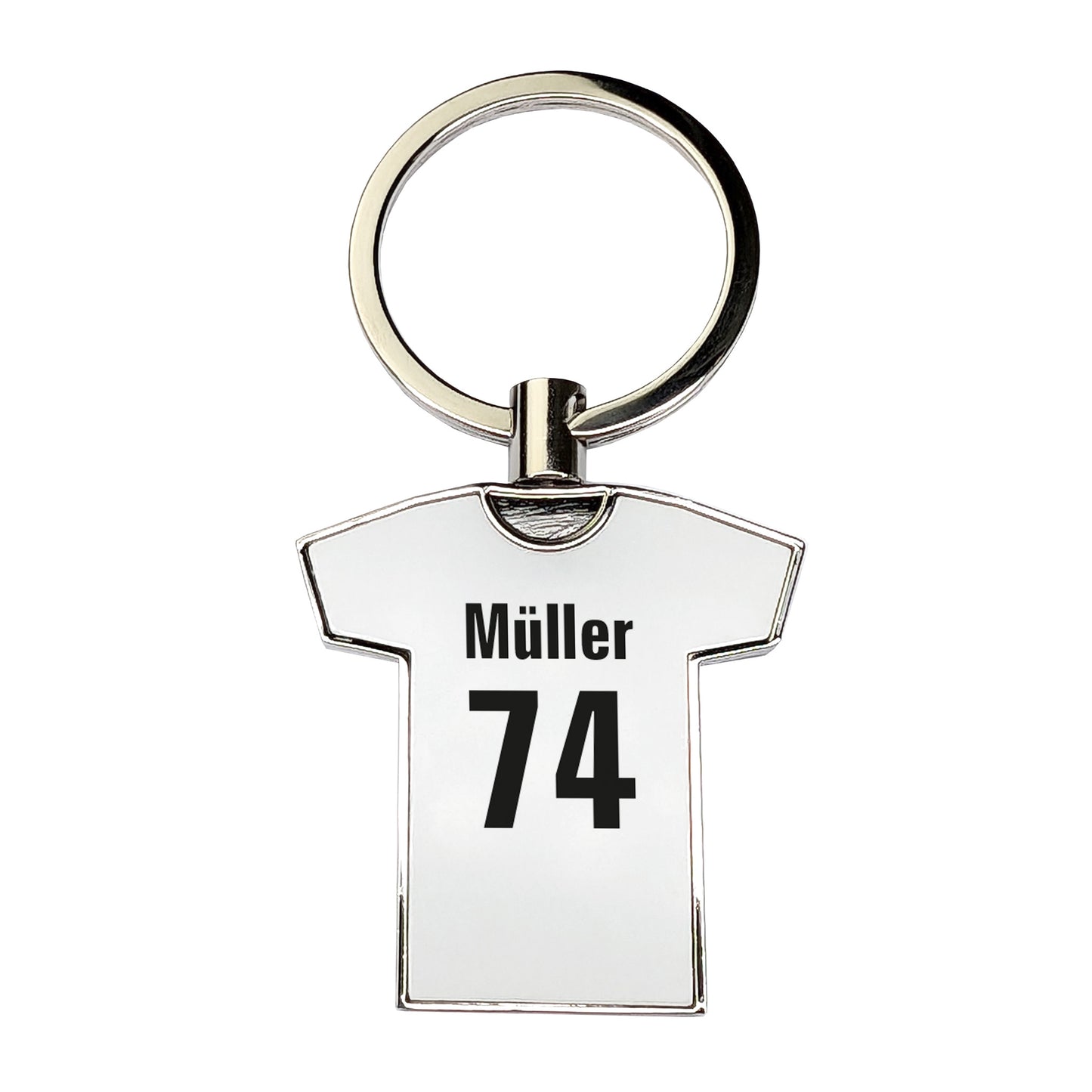 Vorderseite eines weißen Schlüsselanhängers in T-Shirt-Form mit schwarzem Aufdruck