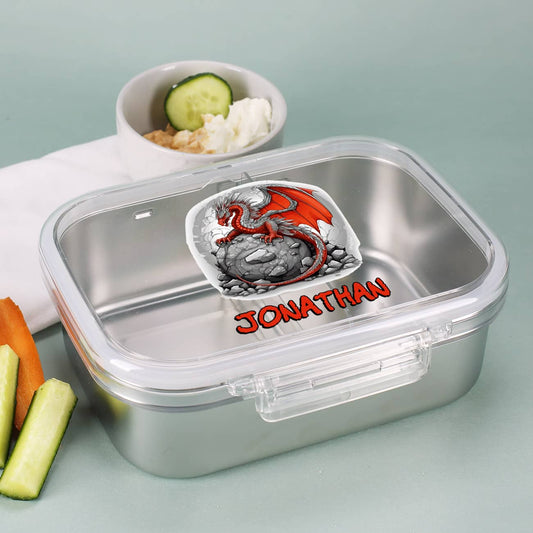 Brotdose aus Metall mit Drachenmotiv und Wunschname bedruckt