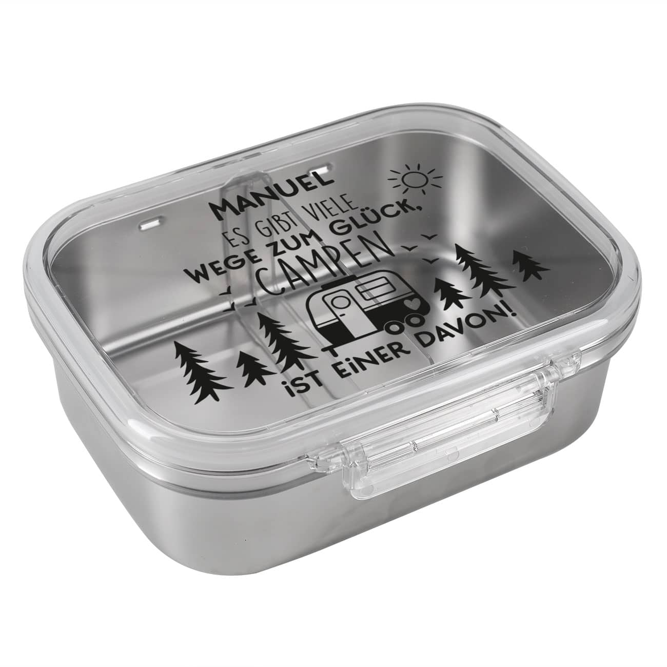 Es gibt viele Wege zum Glück, Campen ist einer davon - Brotdose aus Edelstahl mit Wunschname