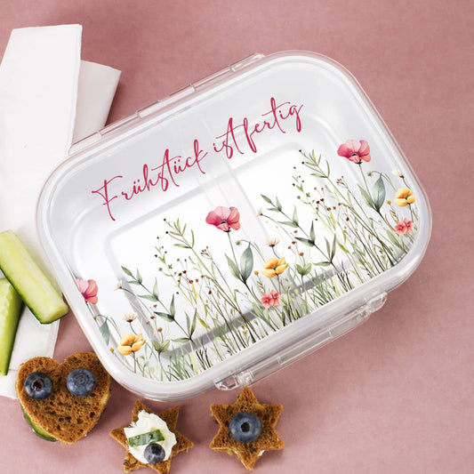 Personalisierte Brotdose mit sommerlichen Wildblumen-Motiv und Wunschtext