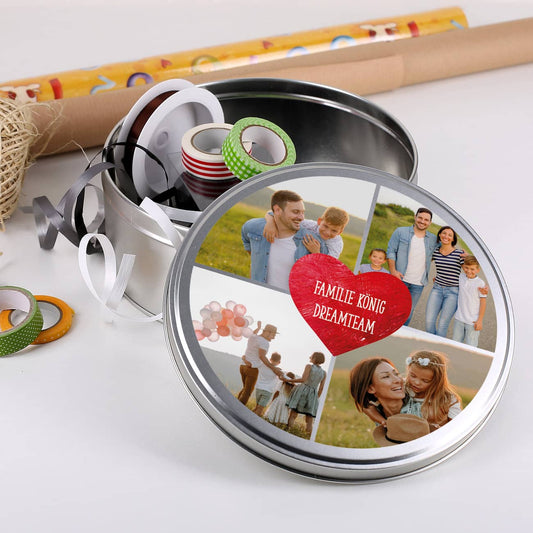 Keksdose mit vier Fotos und Wunschtext im Herz