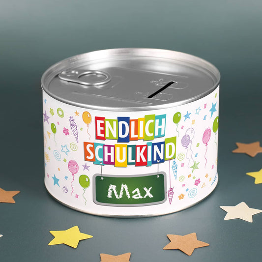 Endlich Schulkind Spardose zur Einschulung mit Name personalisiert