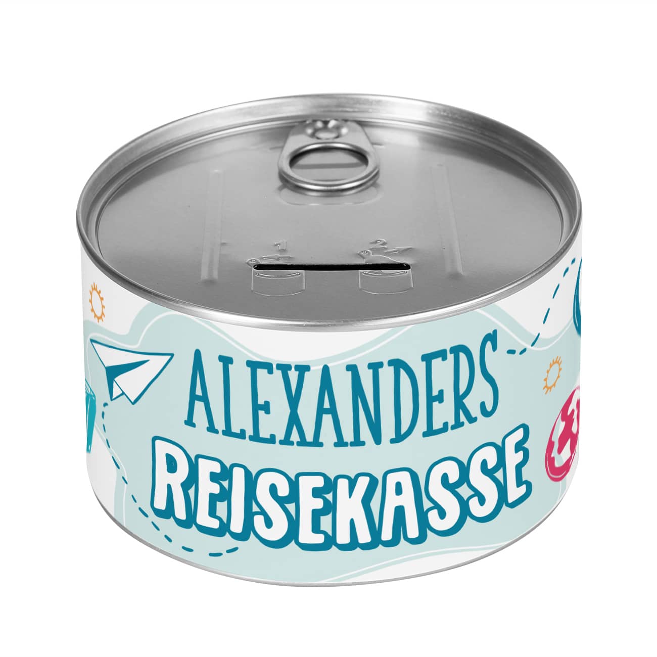 Personalisierte Aufreißspardose zum Sparen auf den nächsten Urlaub