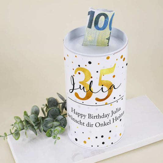 Spardose aus Blech bedruckt mit Alter, Name & Text nach Wunsch