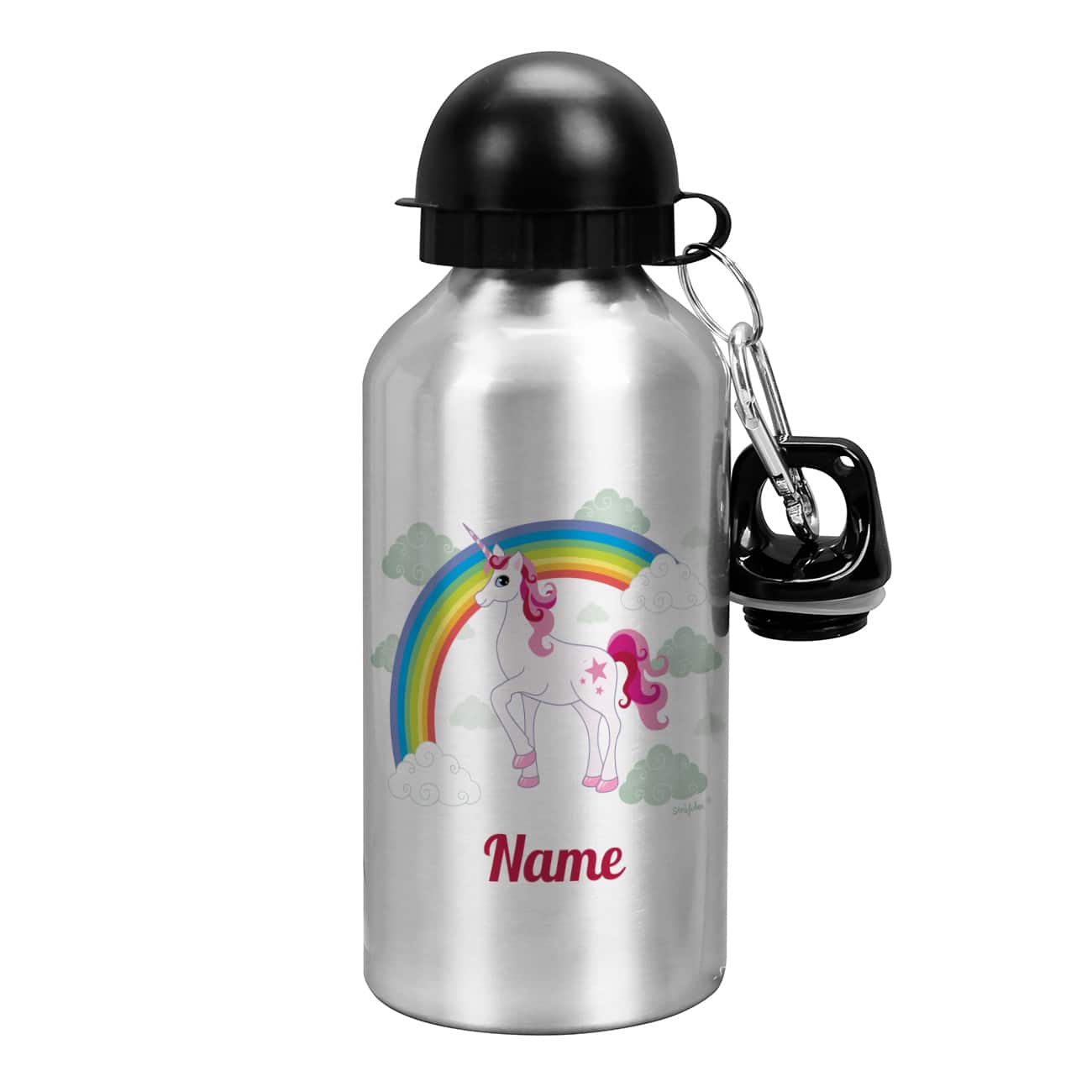 Silberne Trinkflasche mit Einhorn und Ihrem Wunschnamen bedruckt
