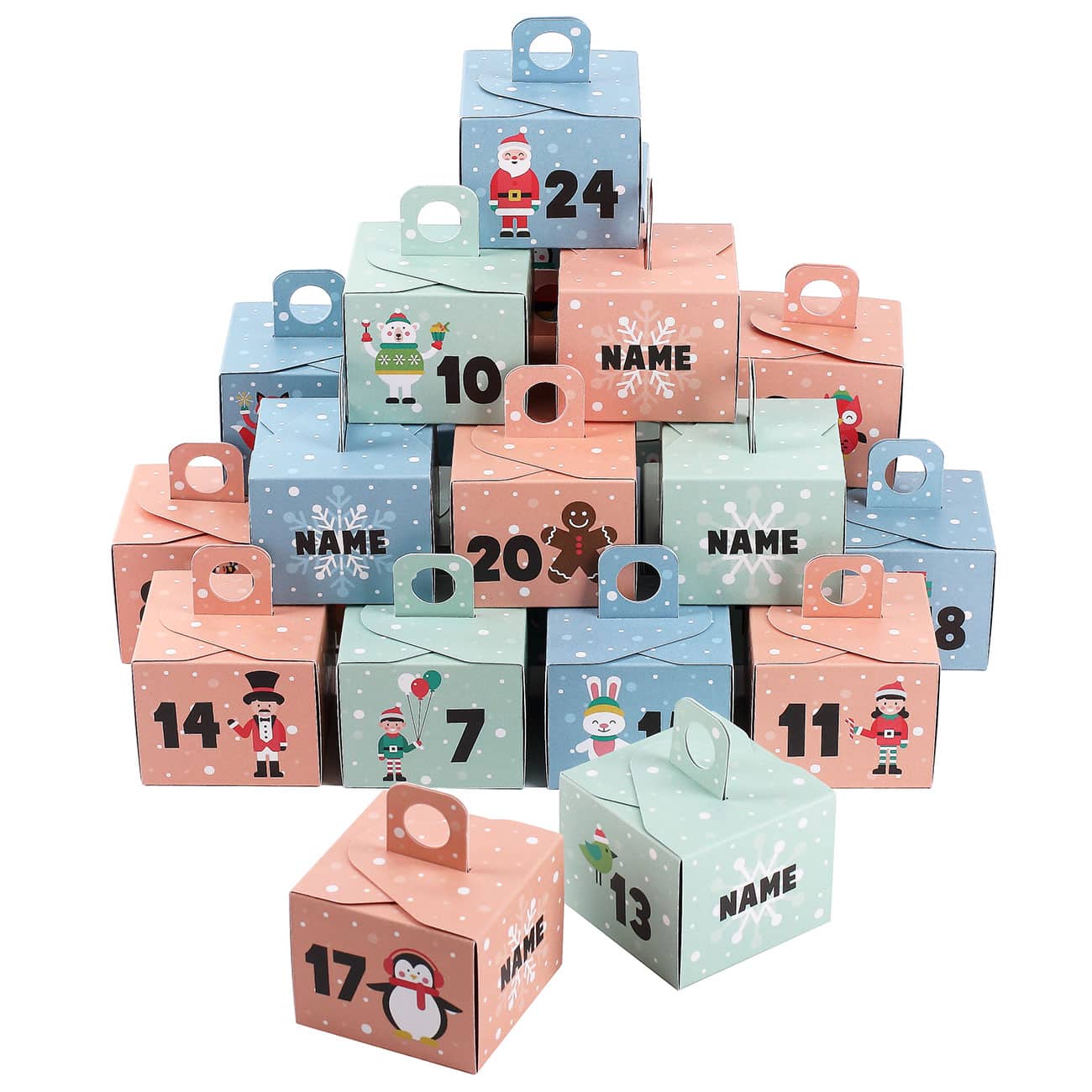 Adventskalender aus 24 Schachteln mit buntem Kindermotiv und Wunschname