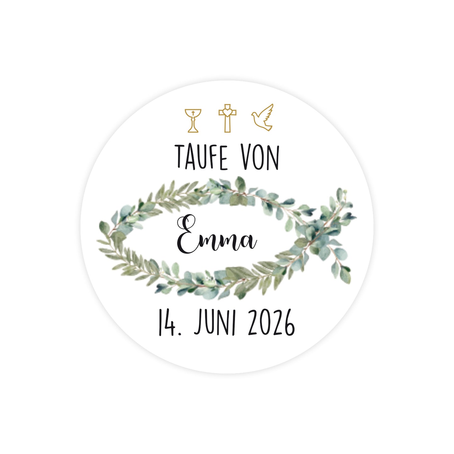 Produktbild Einzelsticker:
Einzelner runder Aufkleber zur Taufe von Emma mit Eukalyptus-Fisch und christlichen Symbolen