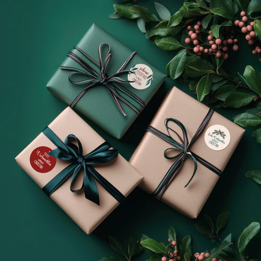Geschenkverpackungen mit personalisierten Weihnachtsaufklebern „Frohes Fest“ und „Schöne Feiertage“, dekorativ mit grünen Zweigen.