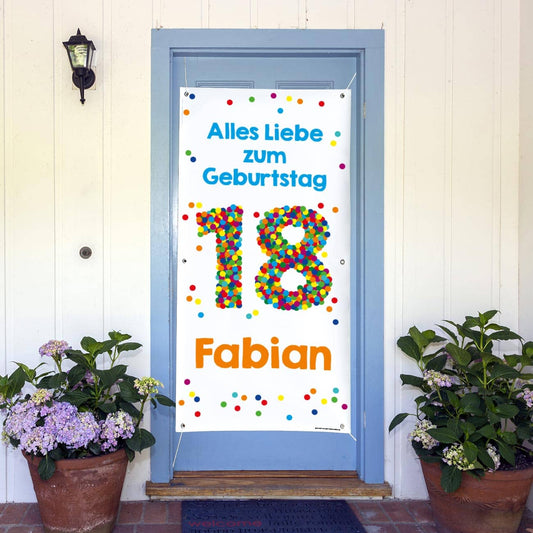 XL Banner zum 18. Geburtstag mit großer Konfettizahl, Name und Wunschtext