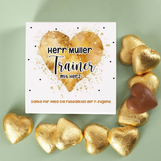 Danke Geschenk für Trainer mit Herz - Geschenkbox mit 10 Lindt Schoko-Herzen