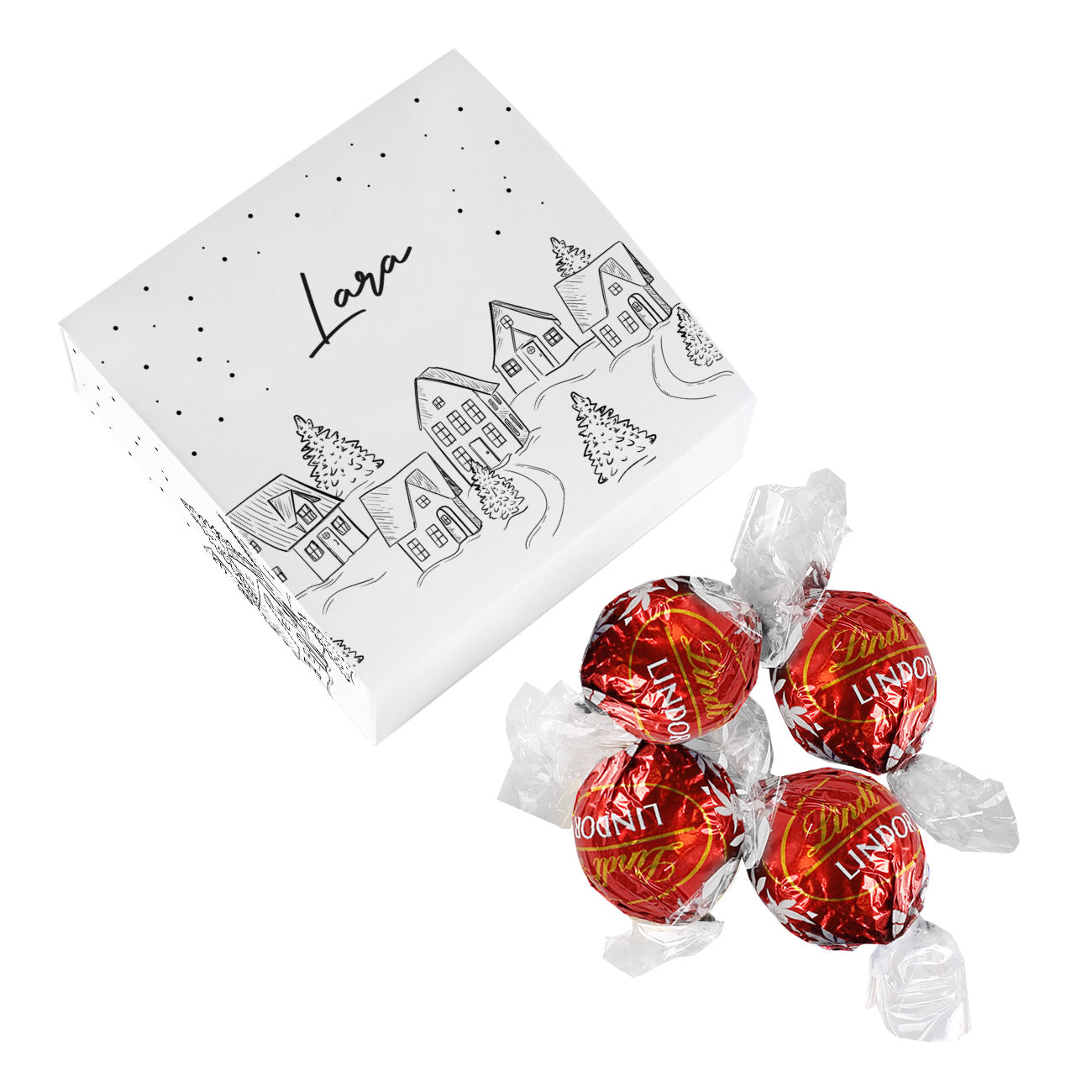 Persönliche Geschenkverpackung und 4 Lindor Kugeln mit verschneiter Stadt als Motiv