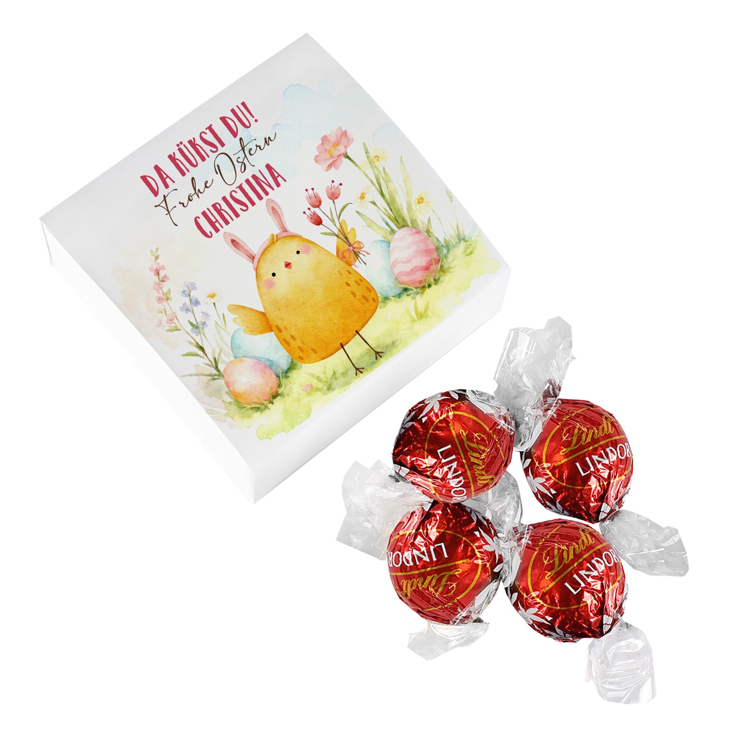 Personalisierte Oster Geschenkbox mit Lindor Kugeln und Kükenmotiv