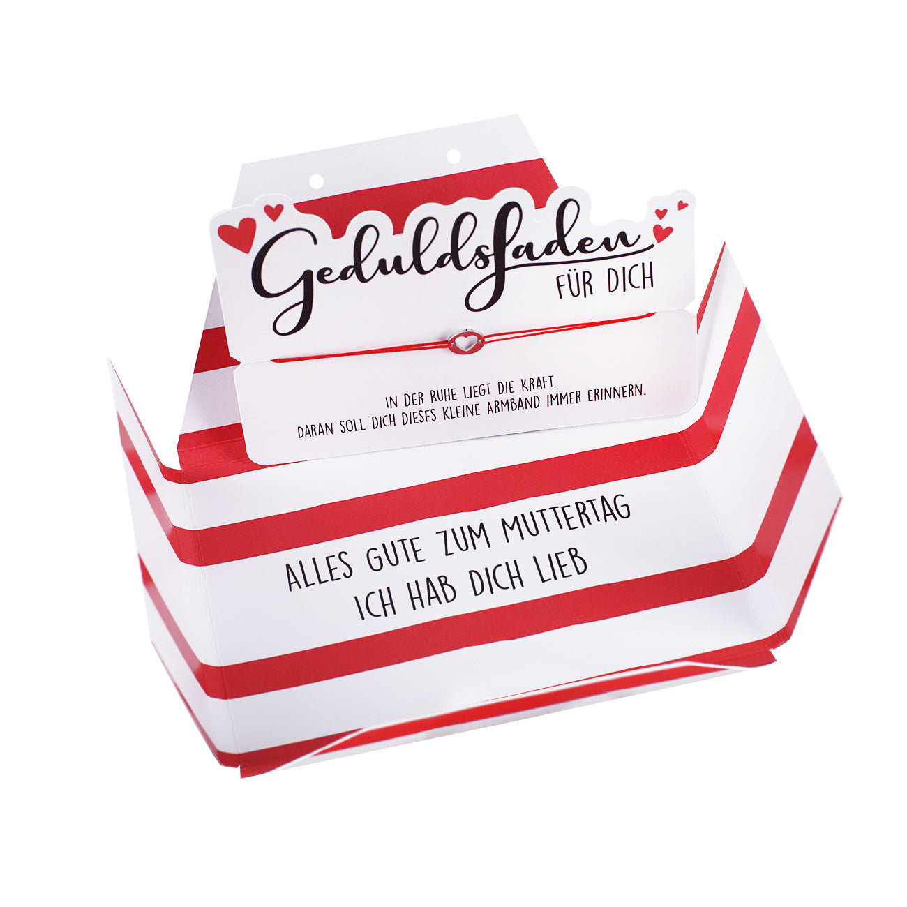 Geduldsfaden-Armband zum Muttertag in persönlicher Geschenkbox aufgeklappt freigestellt
