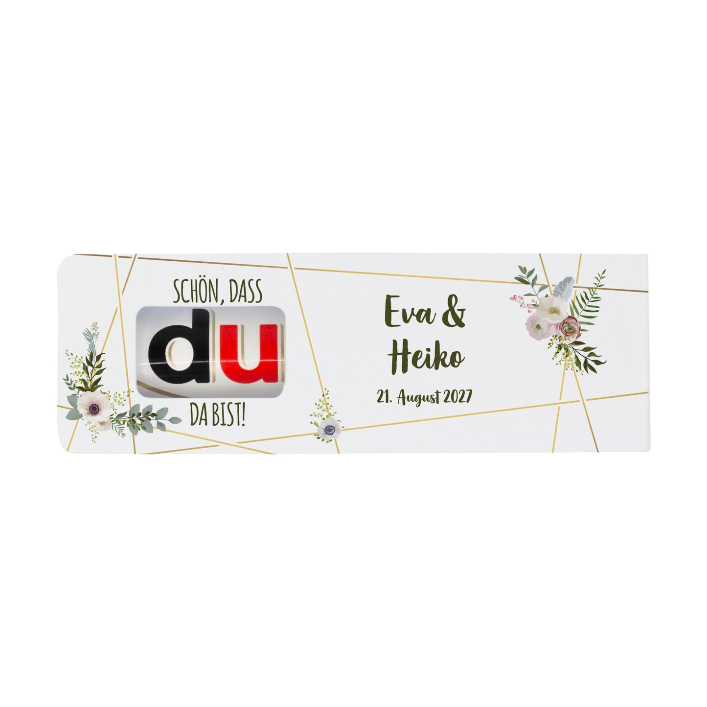 Personalisierter duplo Riegel als Gastgeschenk zur Hochzeit mit Namen & Datum | Schön, dass du da bist!