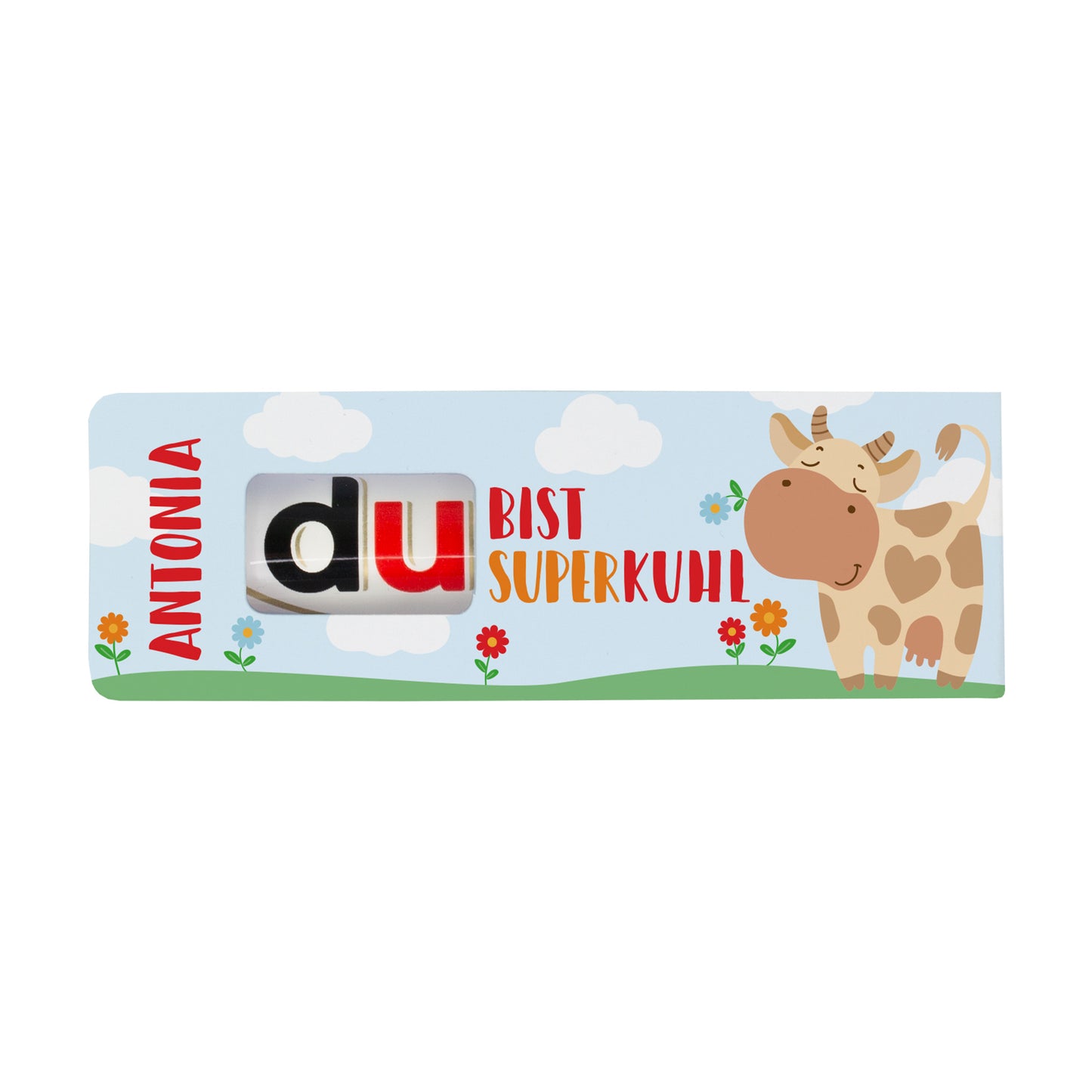 duplo Schokoriegel mit personalisierter Kinderverpackung auf hellem Hintergrund