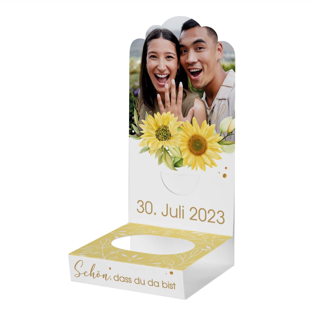 Romantischer DIY-Foto-Aufsteller für Gastgeschenke zur Hochzeit mit Sonnenblumen, Begrüßungsspruch und Datum