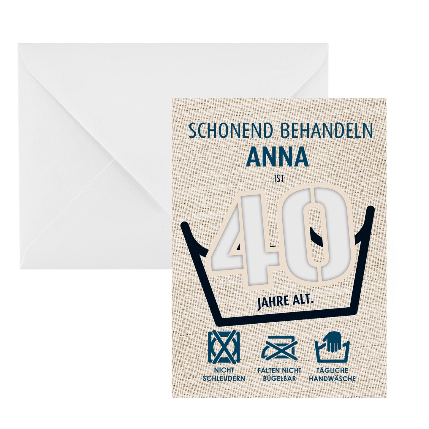 Klappkarte „Schonend behandeln – Anna ist 40 Jahre alt“ mit leerem Ausschnitt und weißem Umschlag dahinter