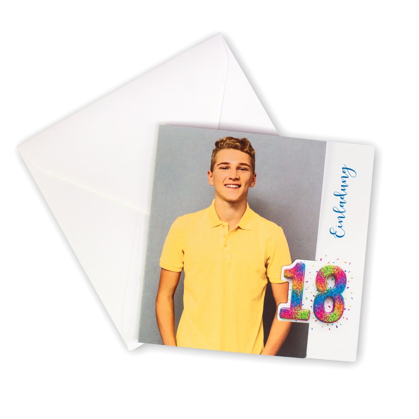 Personalisierte Einladungskarte zum 18. Geburtstag mit Foto & Konfetti-Zahl | Klappkarte mit Umschlag