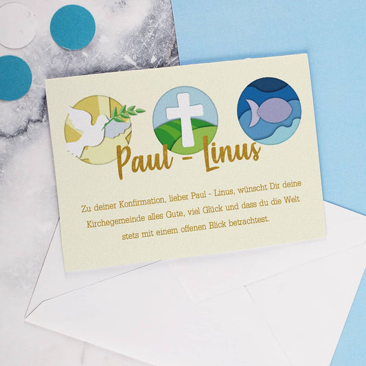 Liebe, Glaube, Hoffnung - Klappkarte mit christlichen Symbolen und Ihren Wunschangaben