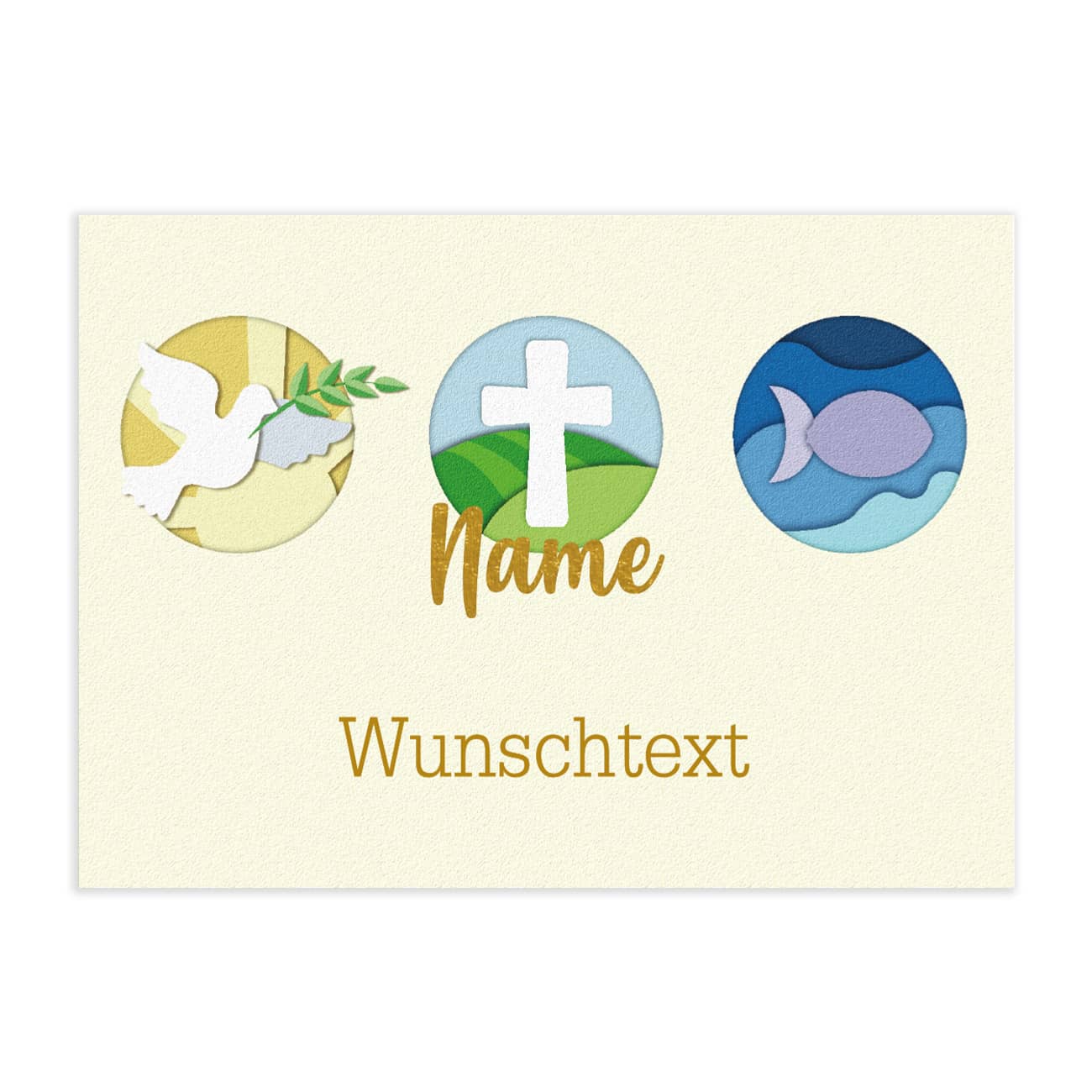 Klappkarte im Querformat mit Ihren Wunschangaben und christlichen Symbolen bedruckt