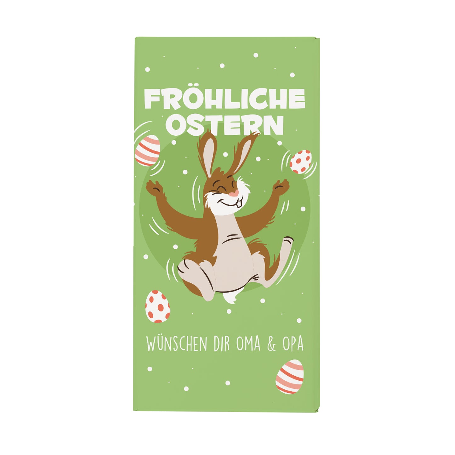 Schokolade zu Ostern mit Wunschtext und fröhlichem Osterhasenmotiv