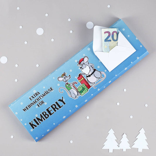 300g Vollmilchschokolade mit Weihnachtsmäusen und Ihrem Wunschnamen gestaltet