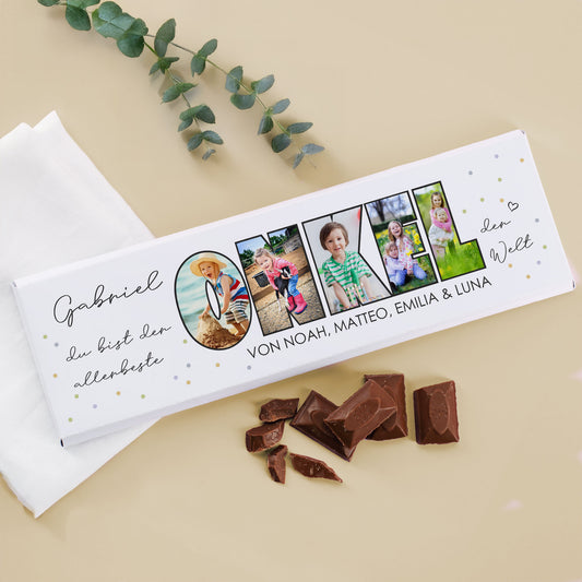 Personalisierte Schokoladentafel mit Fotoaufdruck „ONKEL“ und Dekoration mit Schokolade und Eukalyptus
