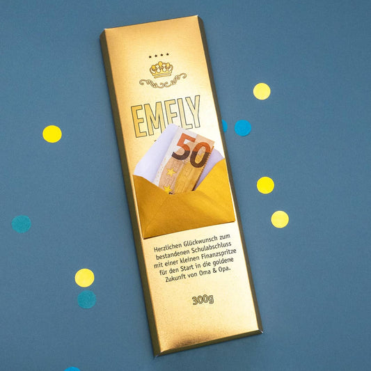 300g Schokolade in Goldbarren-Optik mit Umschlag und Wunschtext