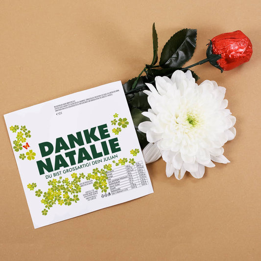 Danke - Schokorose mit Blumen, Name und Wunschtext