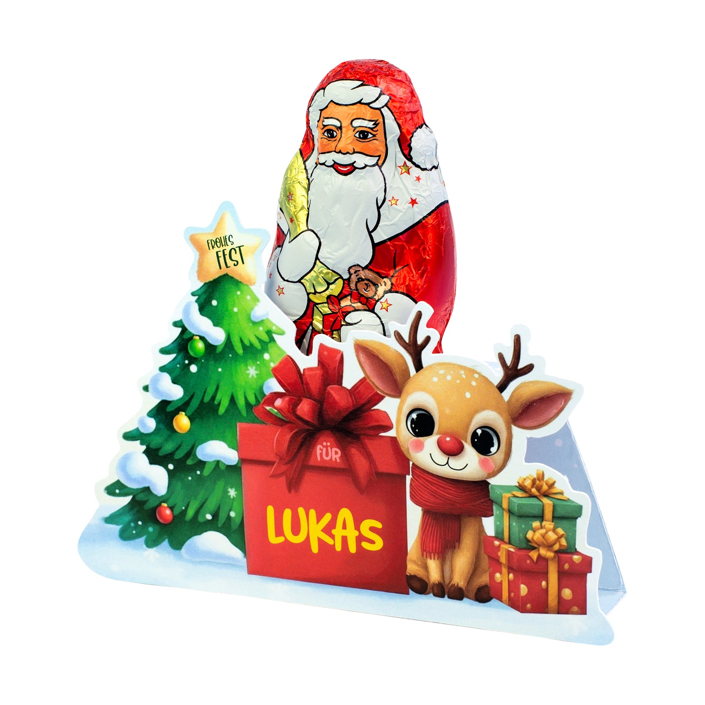Freigestellte Aufnahme der personalisierten Rentier-Verpackung mit Lindt Weihnachtsmann und Name „Lukas“