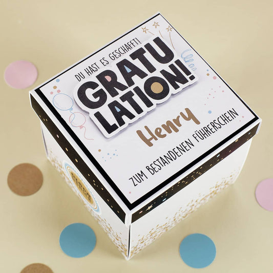 Gratulation, du hast es geschafft! - Geschenkbox mit Name