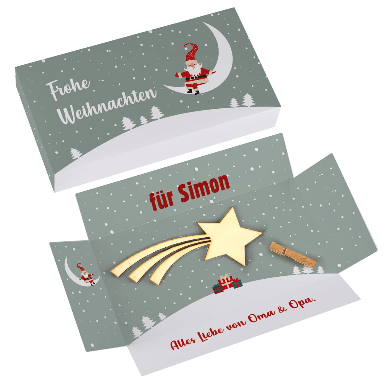 Explosionsbox für Geldgeschenke zu Weihnachten mit Wunschtext und Sternschnuppe