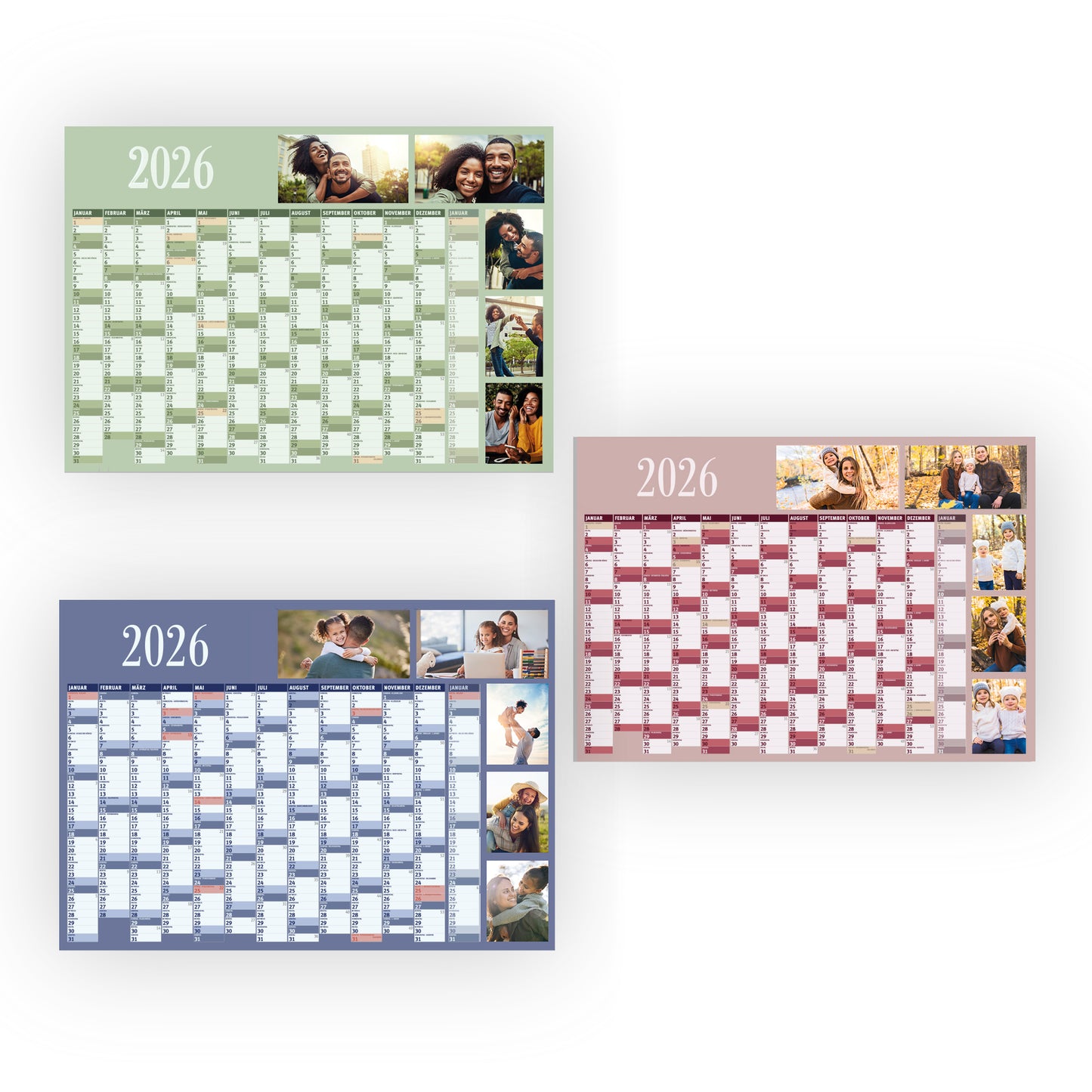 Drei personalisierte Jahreswandkalender für 2026 in verschiedenen Farben mit Foto-Upload-Funktion und Monatsübersicht.