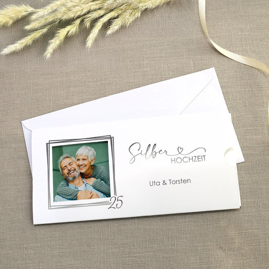 Hochzeitseinladung - Ziehkarte mit zwei Fotos zur Silberhochzeit mit Wunschdaten