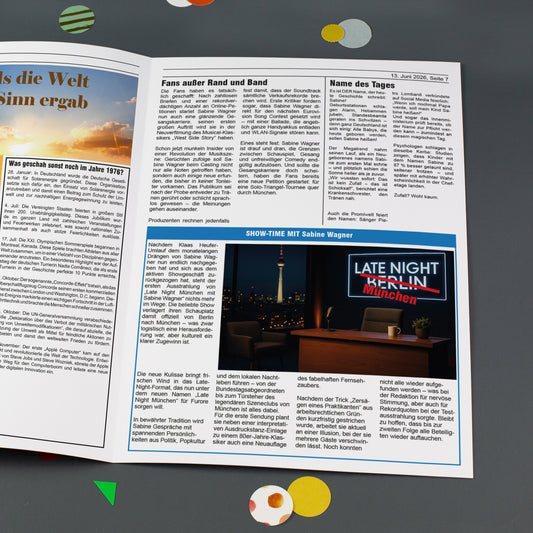 Innenseite der Zeitung mit Artikeln, Interview und Schlagzeilen im Magazin-Stil