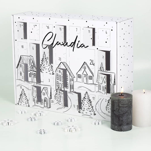 DIY Adventskalender zum selber Füllen mit verschneiter Stadt als Motiv