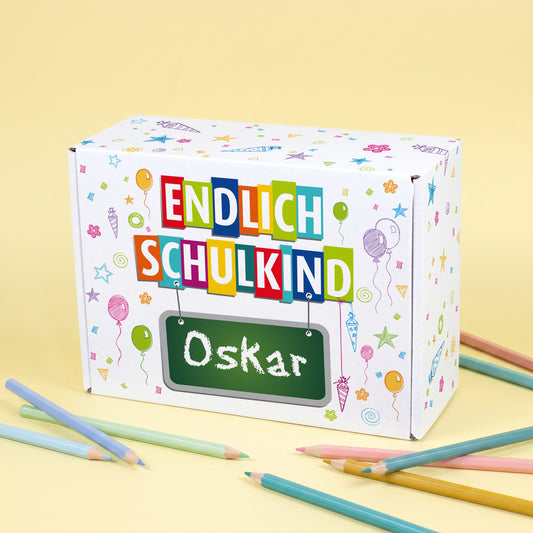 Geschenkkarton zur Einschulung personalisiert mit Name | Endlich Schulkind | 3 Größen