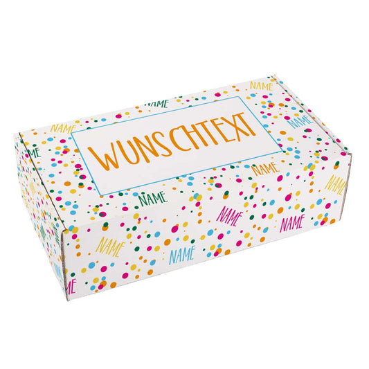 Konfetti Geschenkverpackung mit Name und Glückwunschtext