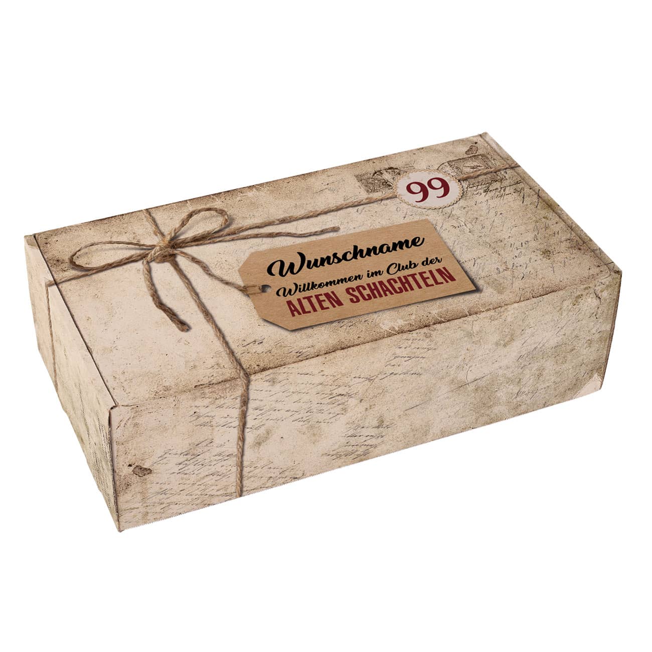 Geschenkkarton zum Geburtstag für alte Schachteln umlaufend im Aussehen einer verschnürten alten Schachtel bedruckt