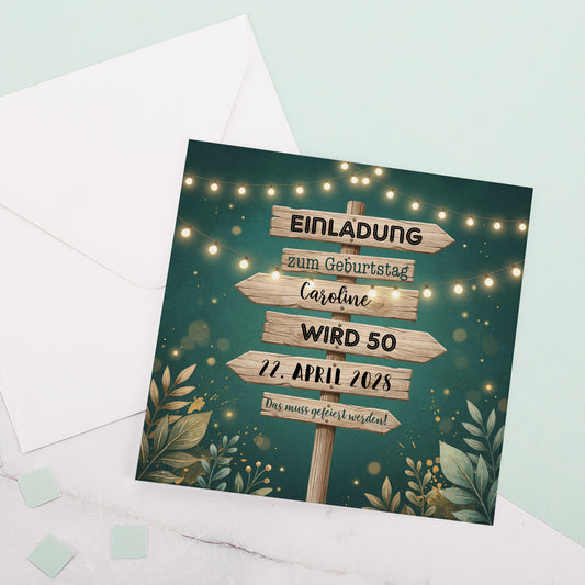Personalisierte Geburtstagskarte mit Wegweiser-Motiv zum 50. Geburtstag inklusive weißem Umschlag