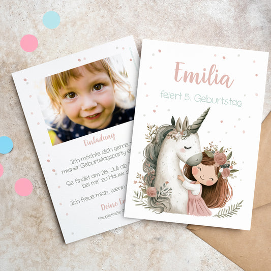 Einladungskarte zum Kindergeburtstag mit Einhornmotiv