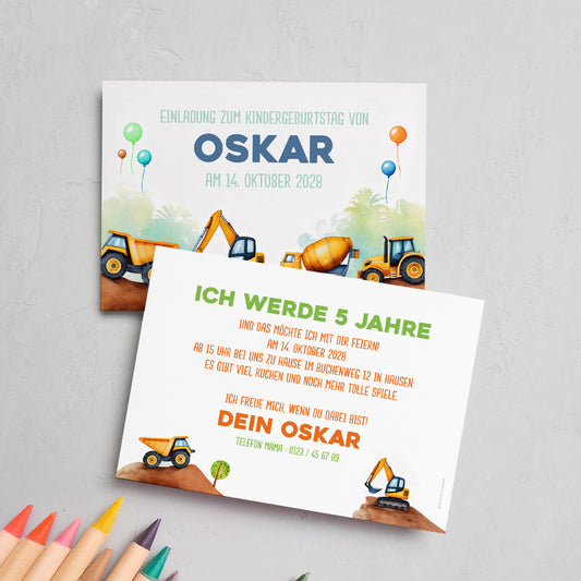 Einladungskarte zum Kindergeburtstag im Bagger und Baustellen Design mit Wunschdaten