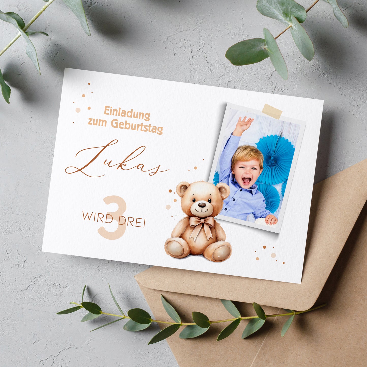 Teddybär Einladungskarte zum Kindergeburtstag mit Foto und Wunschdaten