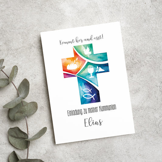 Einladungskarte zur Konfirmation & Kommunion mit Foto und Wunschdaten | Kommt her und esst!