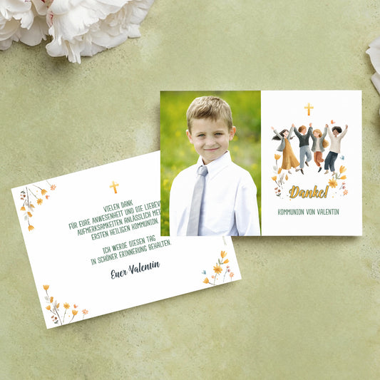 Postkarte Danksagung Kommunion – Vorderseite mit Foto und Rückseite mit Dankestext