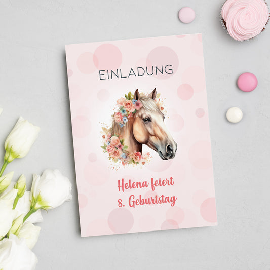 Personalisierte Einladungskarte zum Kindergeburtstag | Pferdemotiv mit Blumen