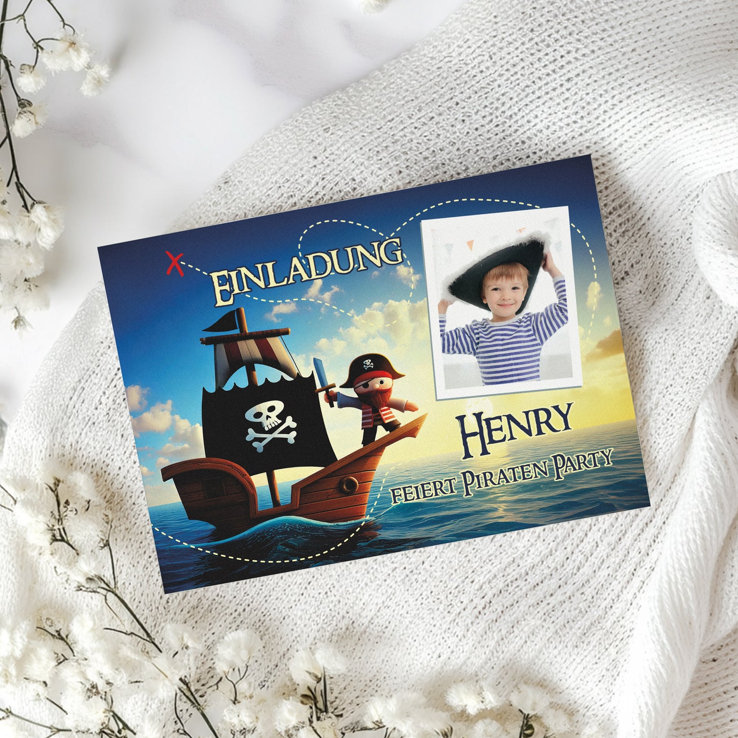 Einladungskarte zum Kindergeburtstag mit Piratenmotiv und Foto