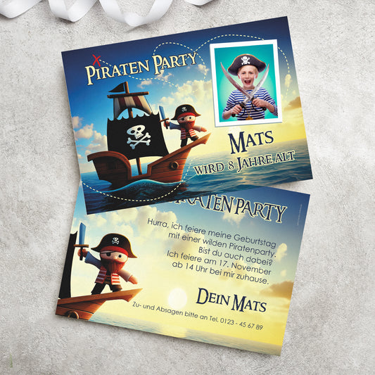 Einladungskarte zum Kindergeburtstag mit Piratenmotiv und Foto